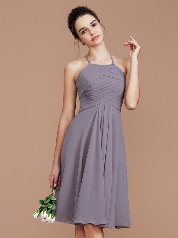 NumberSea - A - Line/Princess Halter Sleeveless Ruched Short/Mini Chiffon Bridesmaid Dresses