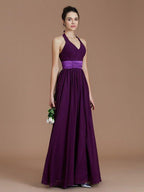 NumberSea - A - Line/Princess Halter Sleeveless Sash/Ribbon/Belt Floor - Length Chiffon Bridesmaid Dresses