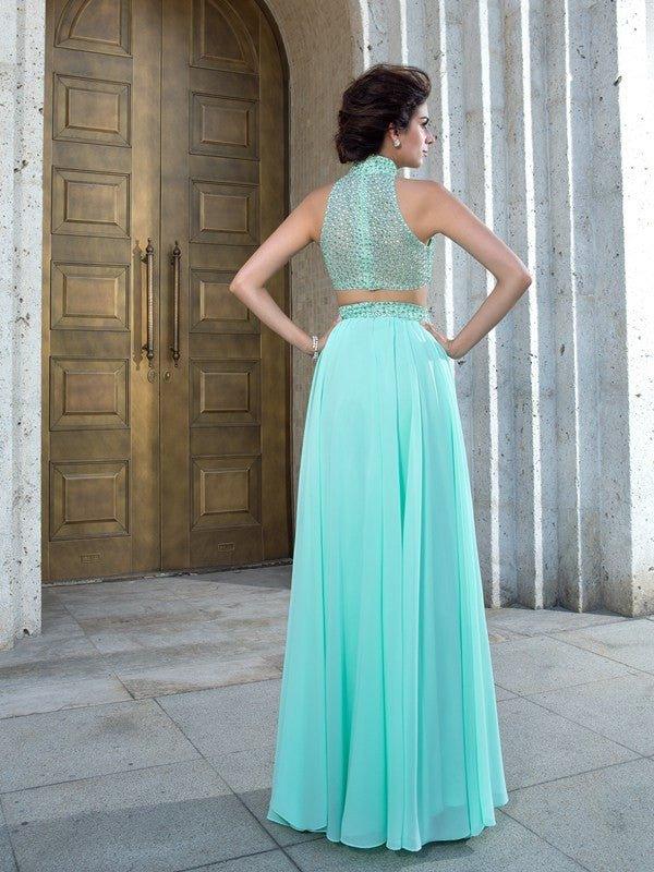 NumberSea - A - Line/Princess High Neck Beading Sleeveless Long Chiffon Two Piece Dresses