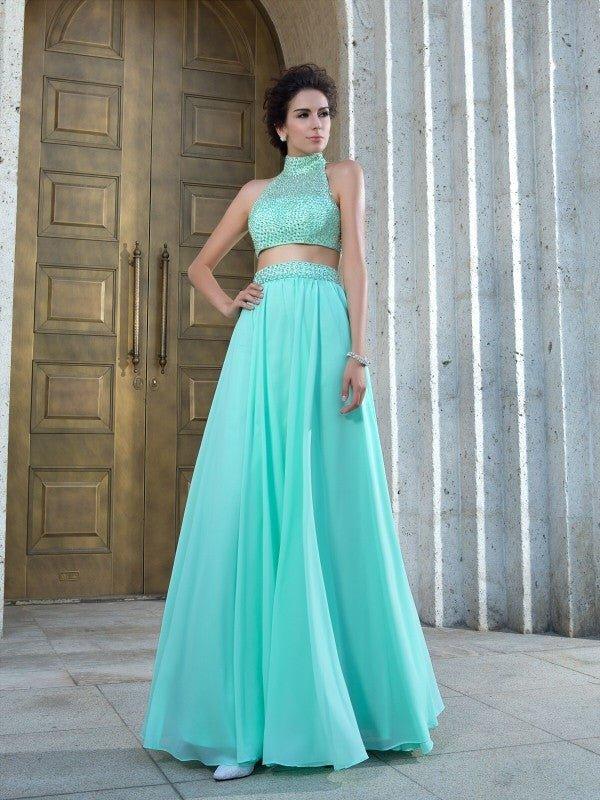 NumberSea - A - Line/Princess High Neck Beading Sleeveless Long Chiffon Two Piece Dresses