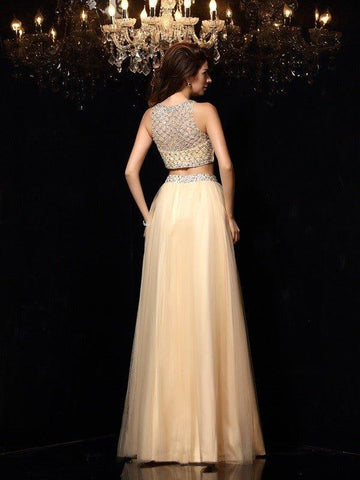 NumberSea - A - Line/Princess High Neck Beading Sleeveless Long Net Two Piece Dresses