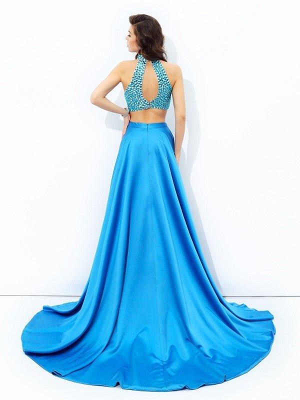 NumberSea - A - line/Princess High Neck Beading Sleeveless Long Satin Two Piece Dresses