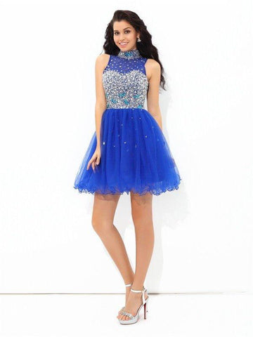 NumberSea - A - Line/Princess High Neck Beading Sleeveless Short Net Cocktail Dresses A - Line/Princess High Neck Beading Sleeveless Short Net Cocktail Dresses