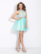 NumberSea - A - Line/Princess High Neck Lace Sleeveless Short Net Dresses