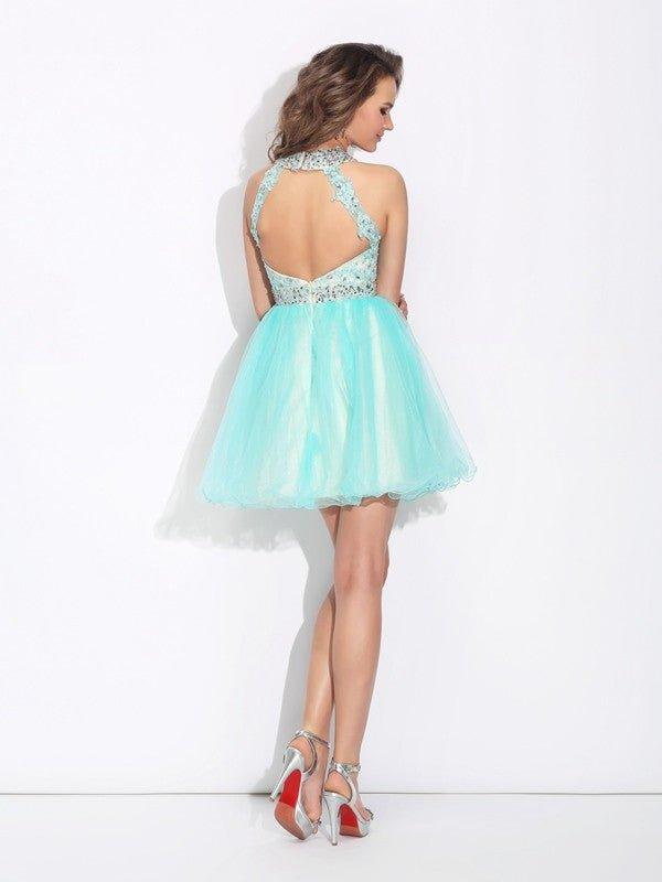 NumberSea - A - Line/Princess High Neck Lace Sleeveless Short Net Dresses