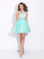 NumberSea - A - Line/Princess High Neck Lace Sleeveless Short Net Dresses