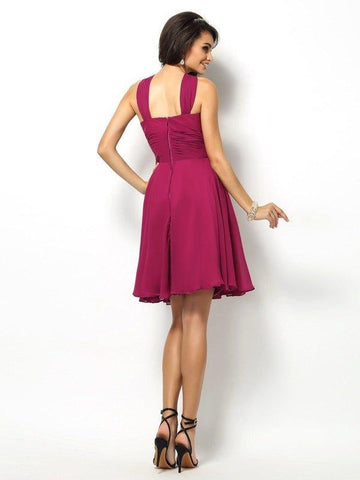 NumberSea - A - Line/Princess High Neck Pleats Sleeveless Short Chiffon Bridesmaid Dresses