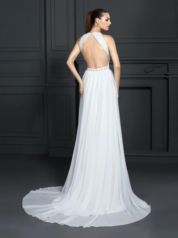 NumberSea - A - Line/Princess High Neck Ruffles Sleeveless Long Chiffon Dresses