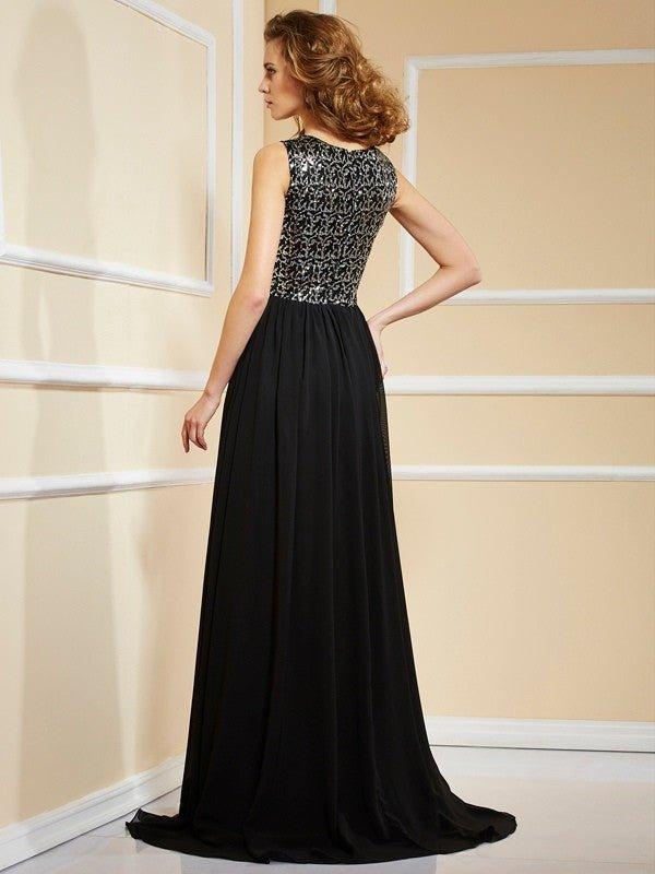 NumberSea - A - Line/Princess High Neck Sleeveless Lace Long Chiffon Dresses