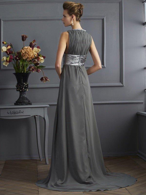 NumberSea - A - Line/Princess High Neck Sleeveless Pleats Long Chiffon Dresses