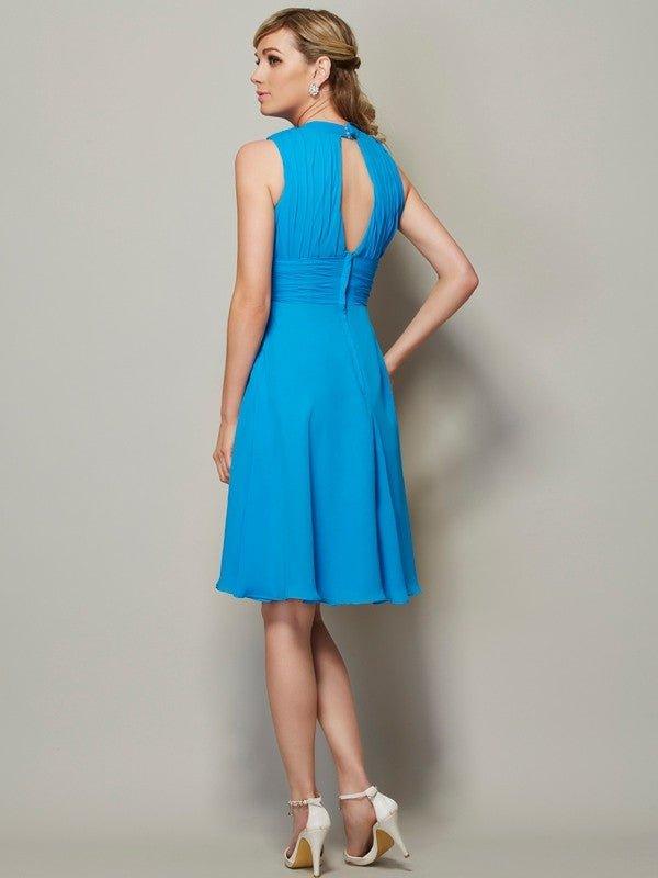 NumberSea - A - Line/Princess High Neck Sleeveless Pleats Short Chiffon Bridesmaid Dresses