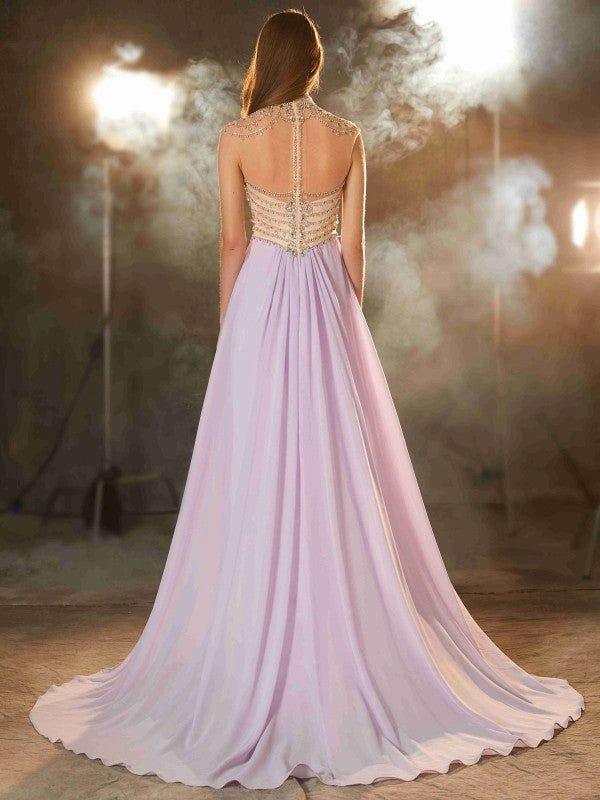 NumberSea - A - Line/Princess High Neck Sleeveless Sweep/Brush Train Crystal Chiffon Dresses