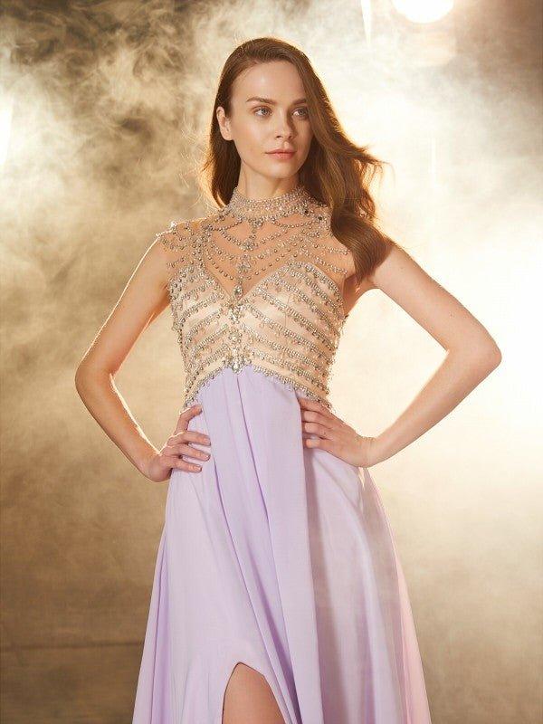 NumberSea - A - Line/Princess High Neck Sleeveless Sweep/Brush Train Crystal Chiffon Dresses