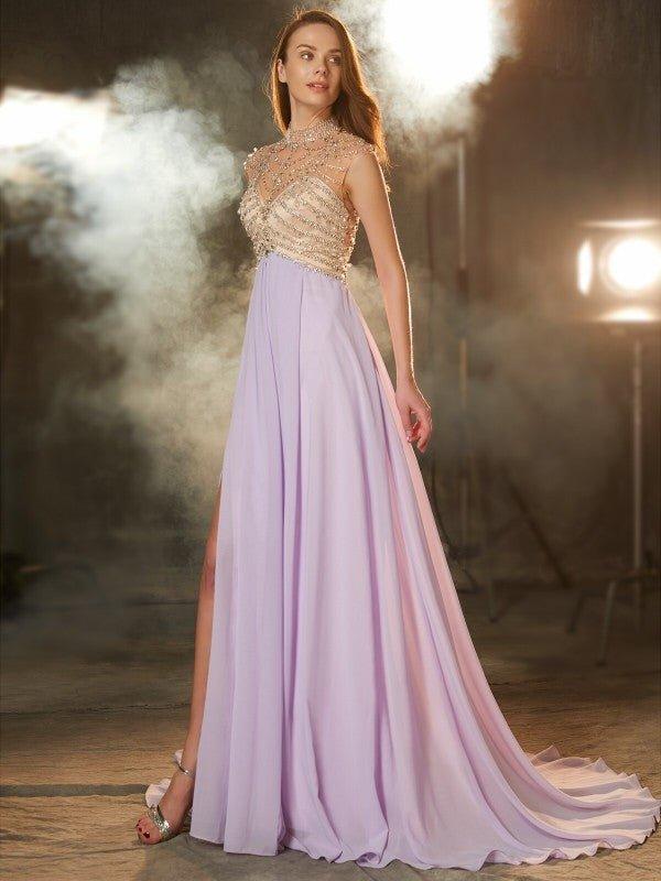 NumberSea - A - Line/Princess High Neck Sleeveless Sweep/Brush Train Crystal Chiffon Dresses