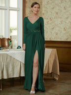 NumberSea - A - Line/Princess Jersey Beading V - neck Long Sleeves Sweep/Brush Train Mother of the Bride Dresses