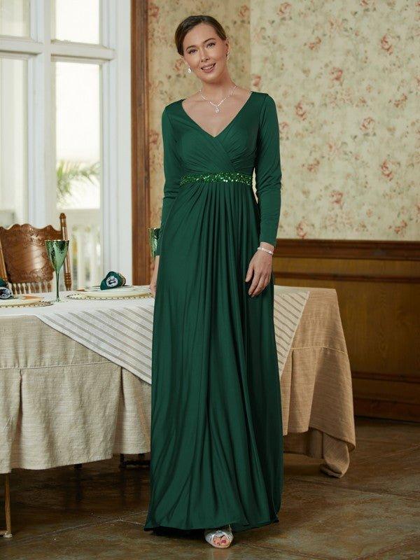 NumberSea - A - Line/Princess Jersey Beading V - neck Long Sleeves Sweep/Brush Train Mother of the Bride Dresses