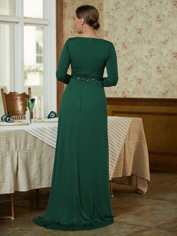 NumberSea - A - Line/Princess Jersey Beading V - neck Long Sleeves Sweep/Brush Train Mother of the Bride Dresses