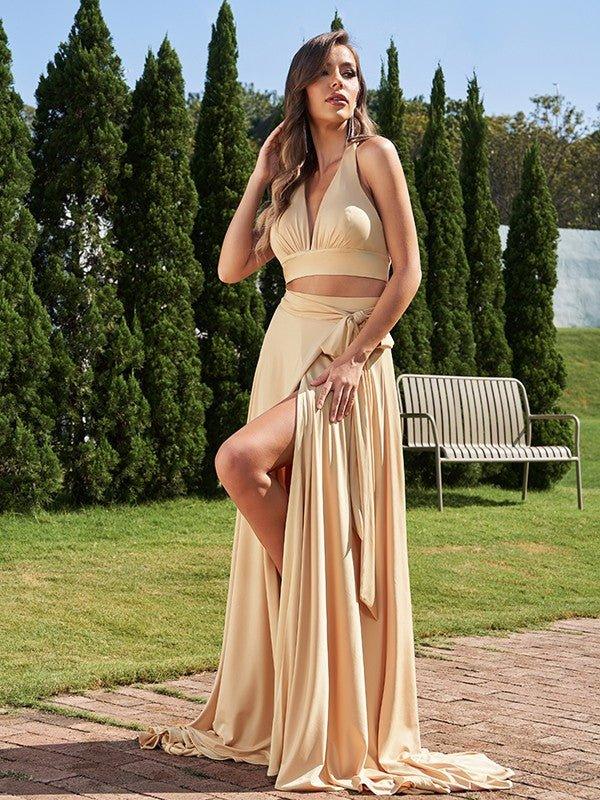 NumberSea - A - Line/Princess Jersey Bowknot Halter Sleeveless Sweep/Brush Train Two Piece Bridesmaid Dresses