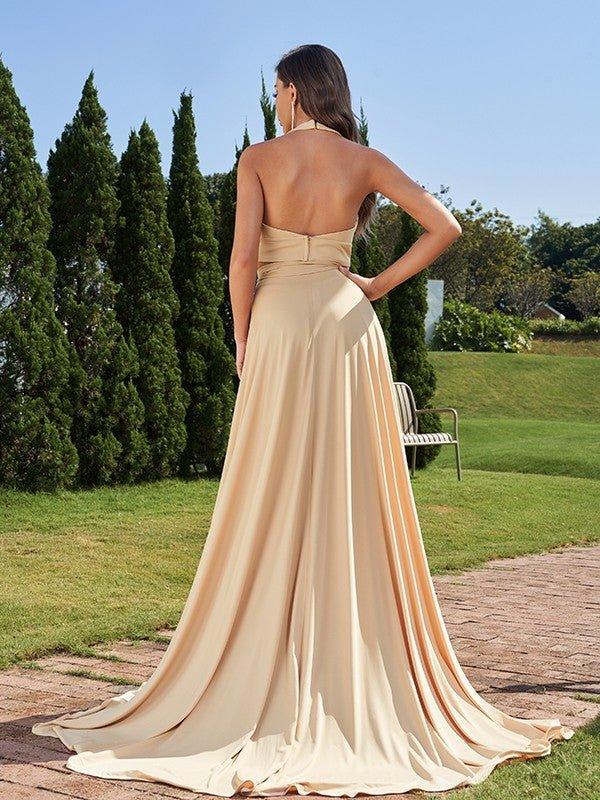 NumberSea - A - Line/Princess Jersey Bowknot Halter Sleeveless Sweep/Brush Train Two Piece Bridesmaid Dresses