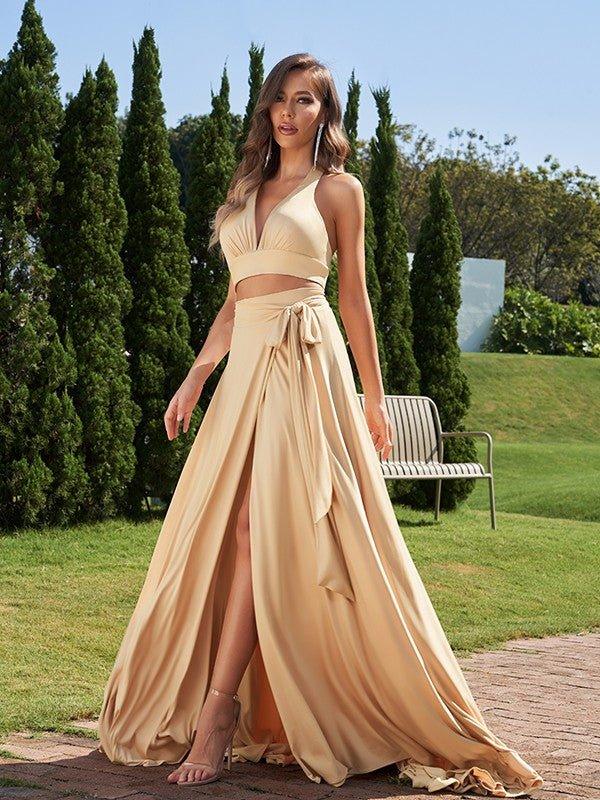 NumberSea - A - Line/Princess Jersey Bowknot Halter Sleeveless Sweep/Brush Train Two Piece Bridesmaid Dresses