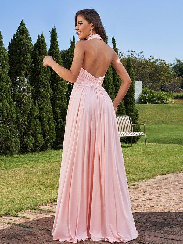 NumberSea - A - Line/Princess Jersey Ruched Halter Sleeveless Floor - Length Bridesmaid Dresses