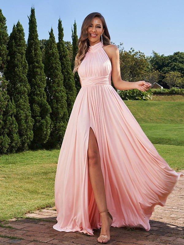 NumberSea - A - Line/Princess Jersey Ruched Halter Sleeveless Floor - Length Bridesmaid Dresses