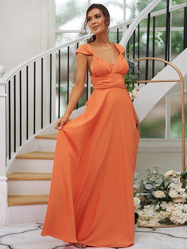 NumberSea - A - Line/Princess Jersey Ruched V - neck Sleeveless Floor - Length Bridesmaid Dresses