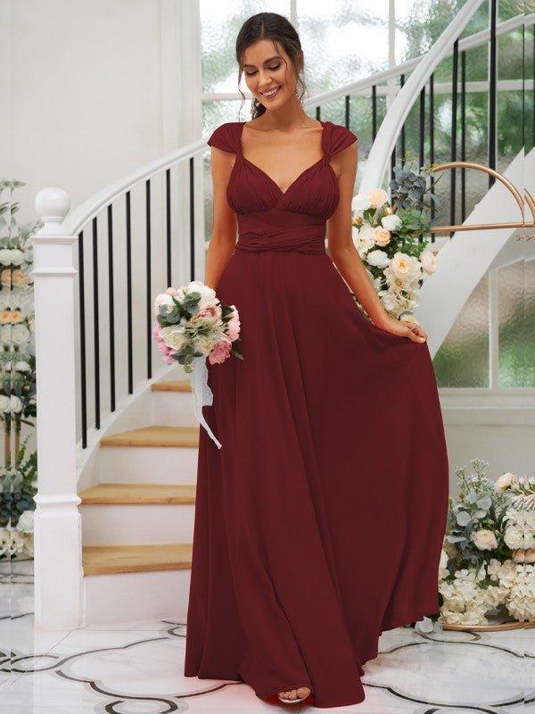 NumberSea - A - Line/Princess Jersey Ruched V - neck Sleeveless Floor - Length Bridesmaid Dresses