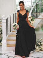 NumberSea - A - Line/Princess Jersey Ruched V - neck Sleeveless Floor - Length Bridesmaid Dresses