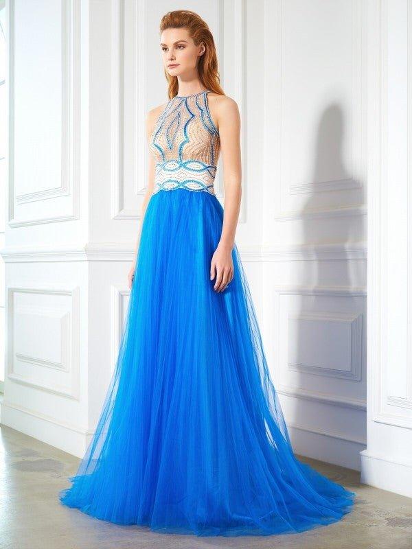 NumberSea - A - Line/Princess Jewel Beading Sleeveless Floor - Length Net Dresses