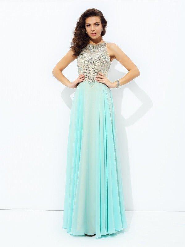 NumberSea - A - line/Princess Jewel Beading Sleeveless Long Chiffon Dresses