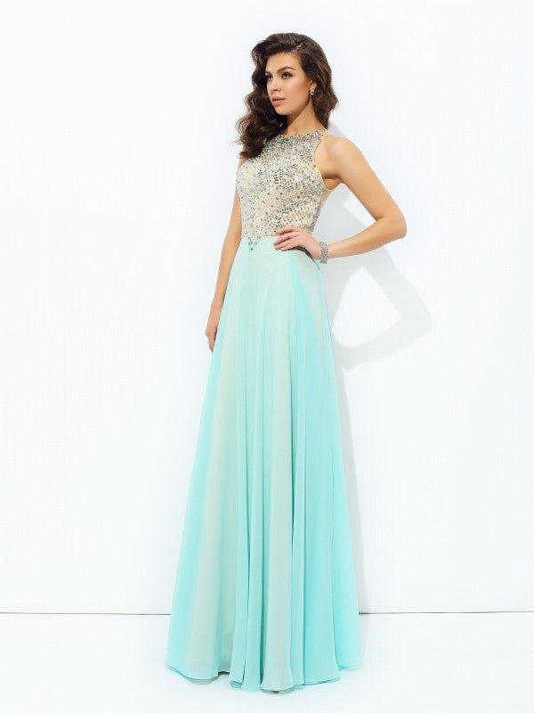 NumberSea - A - line/Princess Jewel Beading Sleeveless Long Chiffon Dresses