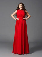 NumberSea - A - Line/Princess Jewel Ruched Sleeveless Long Chiffon Plus Size Dresses
