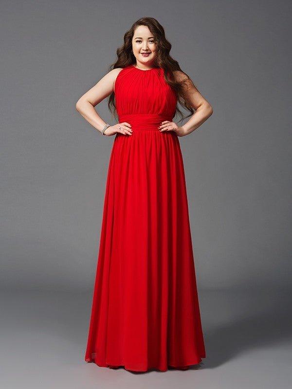 NumberSea - A - Line/Princess Jewel Ruched Sleeveless Long Chiffon Plus Size Dresses