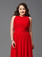 NumberSea - A - Line/Princess Jewel Ruched Sleeveless Long Chiffon Plus Size Dresses
