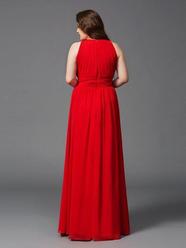 NumberSea - A - Line/Princess Jewel Ruched Sleeveless Long Chiffon Plus Size Dresses