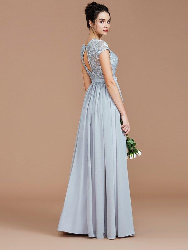 NumberSea - A - Line/Princess Jewel Short Sleeves Lace Floor - Length Chiffon Bridesmaid Dresses