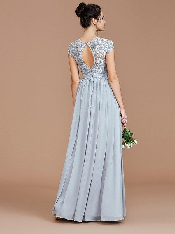 NumberSea - A - Line/Princess Jewel Short Sleeves Lace Floor - Length Chiffon Bridesmaid Dresses