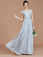 NumberSea - A - Line/Princess Jewel Short Sleeves Lace Floor - Length Chiffon Bridesmaid Dresses
