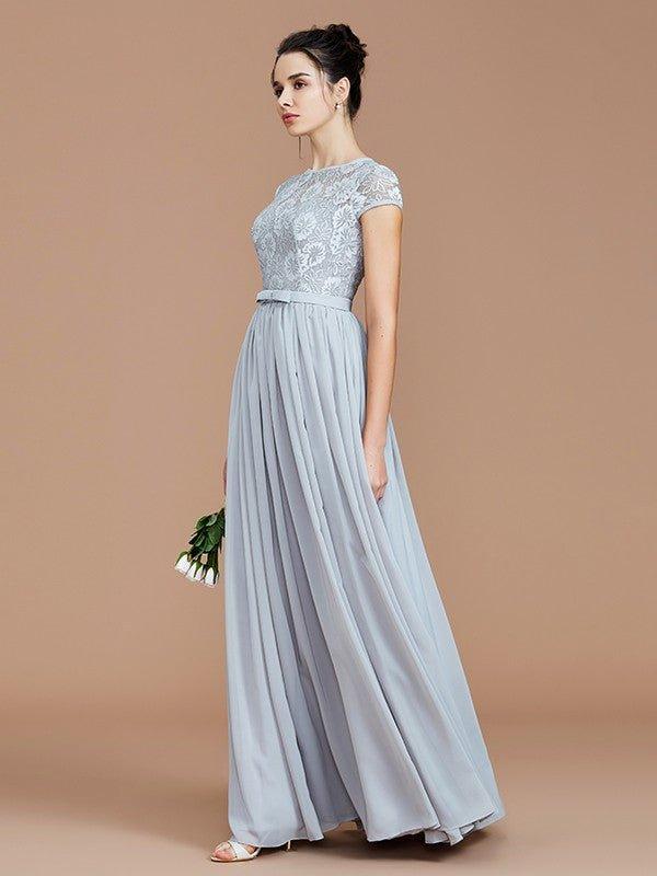 NumberSea - A - Line/Princess Jewel Short Sleeves Lace Floor - Length Chiffon Bridesmaid Dresses