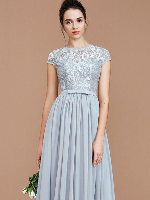 NumberSea - A - Line/Princess Jewel Short Sleeves Lace Floor - Length Chiffon Bridesmaid Dresses