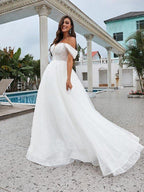 NumberSea - A - Line/Princess Lace Applique Off - the - Shoulder Sleeveless Sweep/Brush Train Wedding Dresses