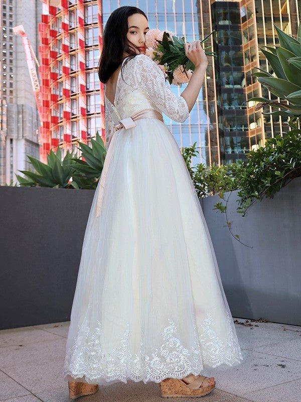 NumberSea - A - Line/Princess Lace Applique Scoop 3/4 Sleeves Floor - Length Junior Bridesmaid Dresses