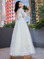 NumberSea - A - Line/Princess Lace Applique Scoop 3/4 Sleeves Floor - Length Junior Bridesmaid Dresses
