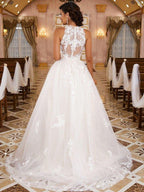 NumberSea - A - Line/Princess Lace Applique Scoop Sleeveless Sweep/Brush Train Wedding Dresses