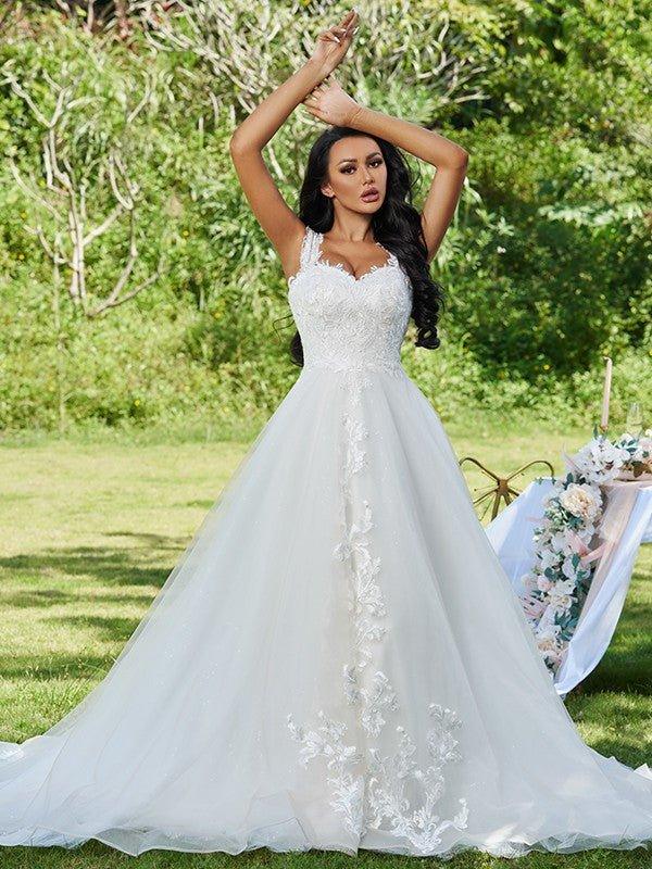 NumberSea - A - Line/Princess Lace Applique Sweetheart Sleeveless Sweep/Brush Train Wedding Dresses