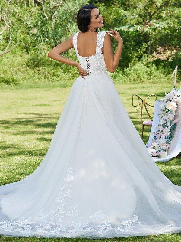 NumberSea - A - Line/Princess Lace Applique Sweetheart Sleeveless Sweep/Brush Train Wedding Dresses