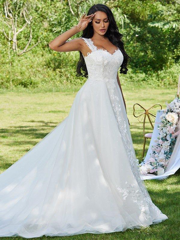 NumberSea - A - Line/Princess Lace Applique Sweetheart Sleeveless Sweep/Brush Train Wedding Dresses