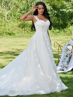 NumberSea - A - Line/Princess Lace Applique Sweetheart Sleeveless Sweep/Brush Train Wedding Dresses