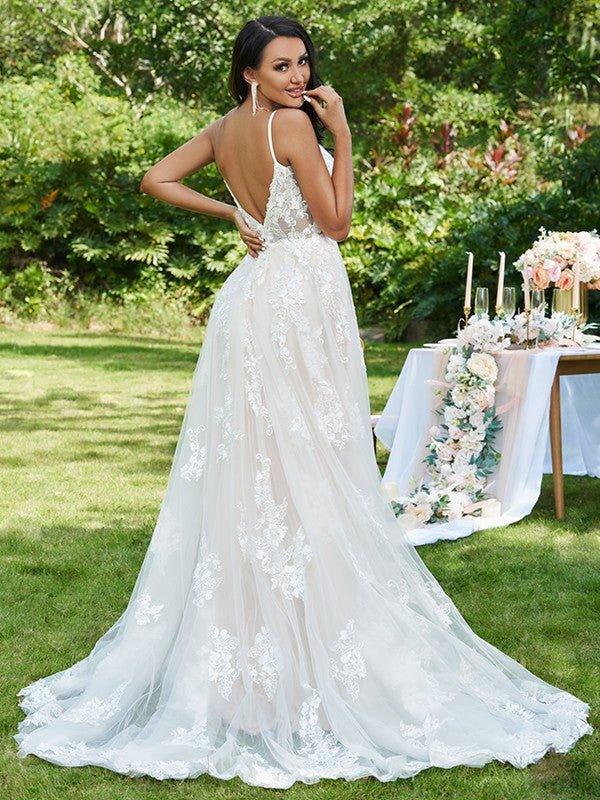 NumberSea - A - Line/Princess Lace Applique V - neck Sleeveless Sweep/Brush Train Wedding Dresses